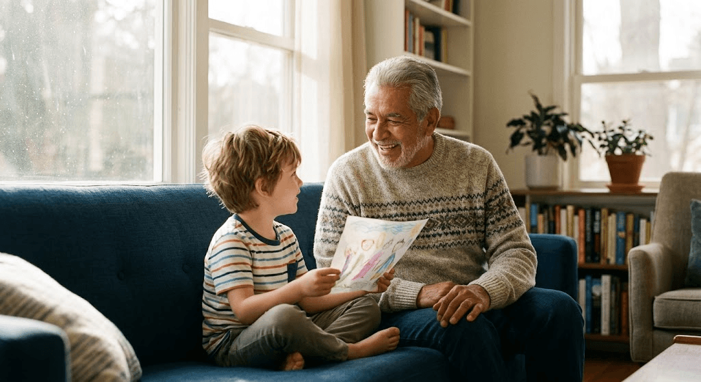 An older man and a young child sharing a quiet, joyful moment looking at a drawing together, represented by True Light Wellness Center.