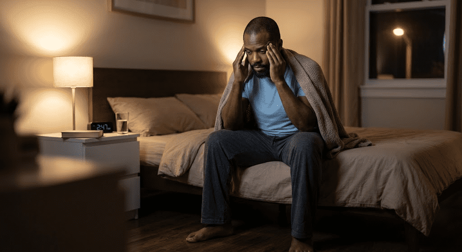 "A 35-to-40-year-old Black male sitting on the edge of a bed at night dealing with insomnia, represented by True Light Wellness Center."