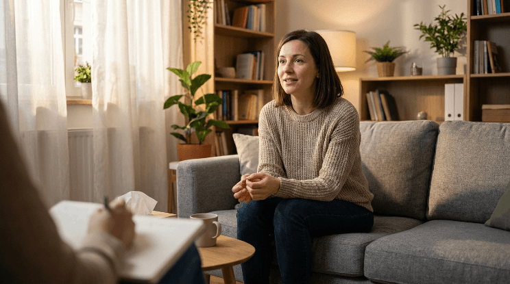 Woman discussing OCD symptoms with her therapist during a counseling session.
