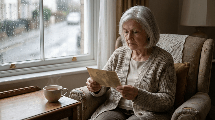 Older woman reflecting on loss while holding a photograph near a window.