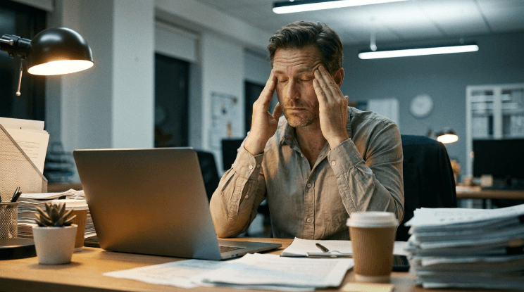 Stressed professional man rubbing his temples at his office desk
