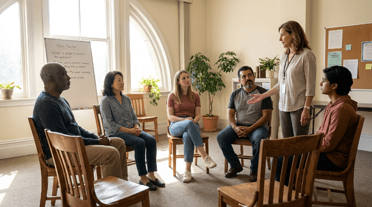 Diverse support group sitting in a circle during a dual diagnosis recovery session