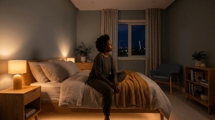 "A Black individual reflecting peacefully in a quiet indoor setting, represented by True Light Wellness Center."