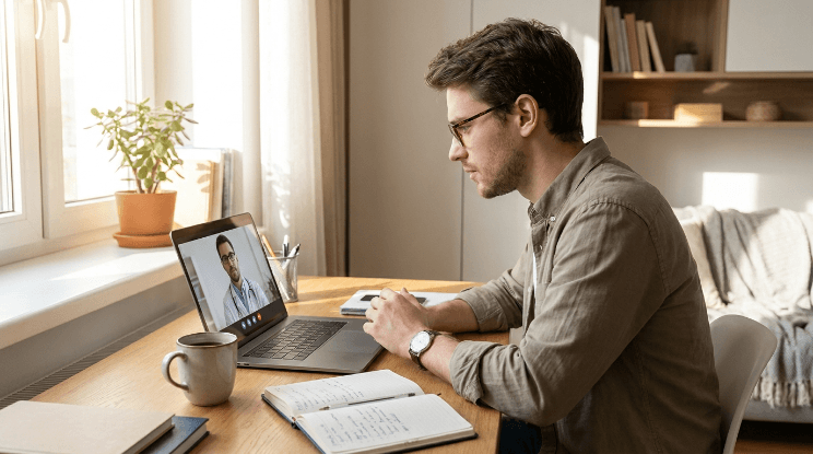 Man attending an online ADHD testing telehealth appointment on his laptop at home