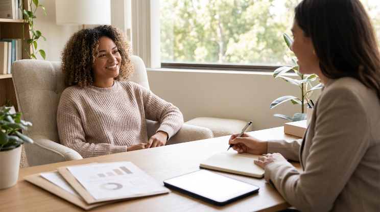 Psychiatric clinician conducting a mental health evaluation with an adult patient in a private office