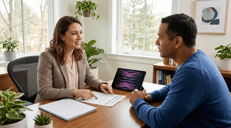 Psychiatric clinician reviewing medication treatment and follow-up information with an adult patient