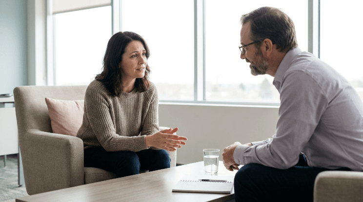Adult discussing persistent anxiety symptoms with a psychiatric clinician during a private consultation