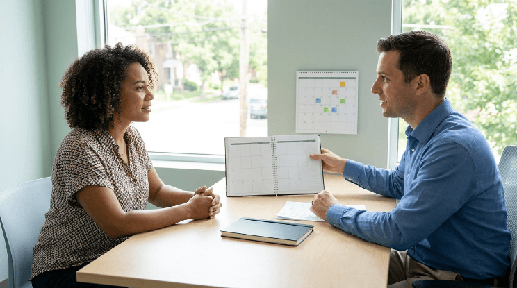 Adult discussing attention and organization difficulties during an ADHD evaluation with a clinician