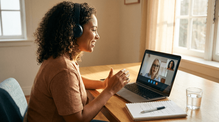 Adult receiving telehealth psychiatry care from a clinician through a secure video appointment at home