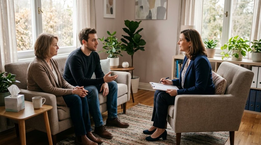 Psychiatrist speaking with a young adult and family member during psychotic disorder treatment.