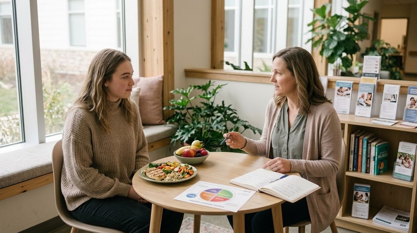 Eating disorder specialist providing supportive counseling to a young adult in a treatment center.