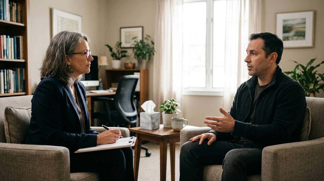 Woman reviewing psychiatric medications with a psychiatrist during medication management treatment.