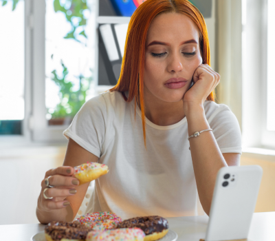 Young woman resting her head on her hand while looking at her phone and holding a sprinkled donut, with more donuts on a plate in front of her