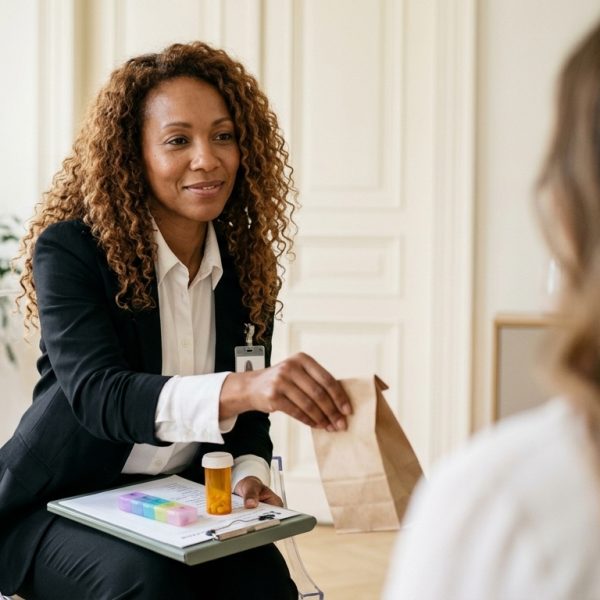 Healthcare provider in a black blazer reviewing medication with a patient during a medication management session
